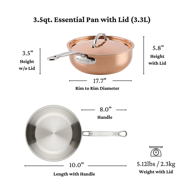 Expertly crafted in Italy for discerning chefs, the CopperBond Aura™ Polished Copper Essential Pan with Lid elevates your kitchen with professional-grade elegance. With a capacious 3.5-quart volume, this pan stands 3.5 inches tall without its sturdy metallic lid (5.8 inches with the lid) and offers a generous 17.7-inch rim diameter. Including its robust 8-inch handle, the total length measures 10 inches for balanced handling and control. Weighing in at 5.12 lbs (2.3kg), both the solid metallic lid and
