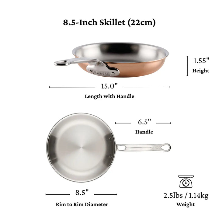 A CopperBond Aura™ Polished Copper Skillet measuring 8.5 inches (22 cm) in diameter is displayed from both the side and top views, with clearly labeled dimensions: 15-inch length including handle, 8.5-inch cooking surface diameter, 6.5-inch handle, 1.55-inch height, and a weight of 2.5 lbs (1.14 kg)—showcasing the meticulous craftsmanship of premium copper cookware by CopperBond Aura™.