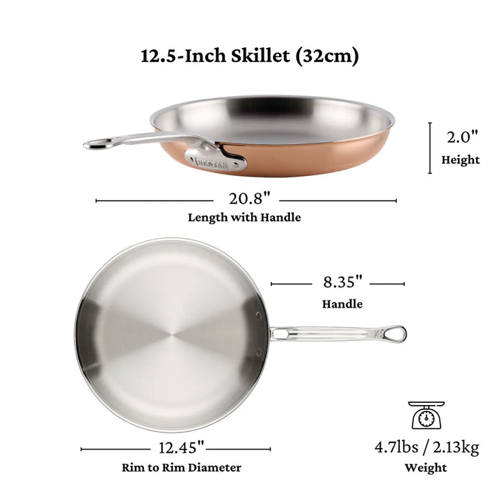 A Polished Copper Skillets from the CopperBond Aura™ collection is displayed from both the side and top, featuring labeled measurements: 12.45″ diameter, 20.8″ handle length, 8.35″ handle, 2″ height, and a weight of 4.7 lbs—an impressive piece of copper cookware for any kitchen.