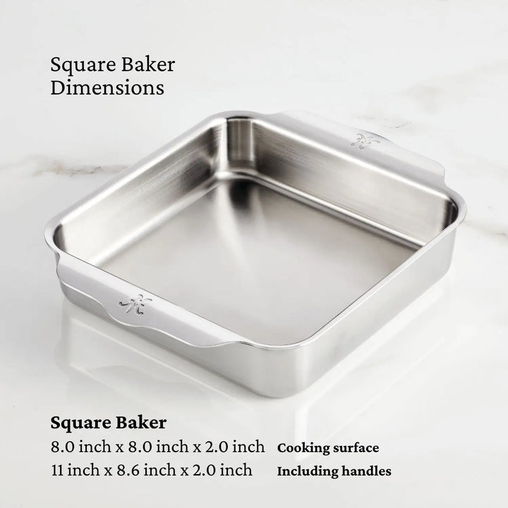 The Hestan OvenBond Tri-ply 5-Piece Set includes a durable stainless steel square pan with handles, measuring 8x8x2 inches (cooking surface) and 11x8.6x2 inches with handles—perfect oven safe bakeware for your kitchen.