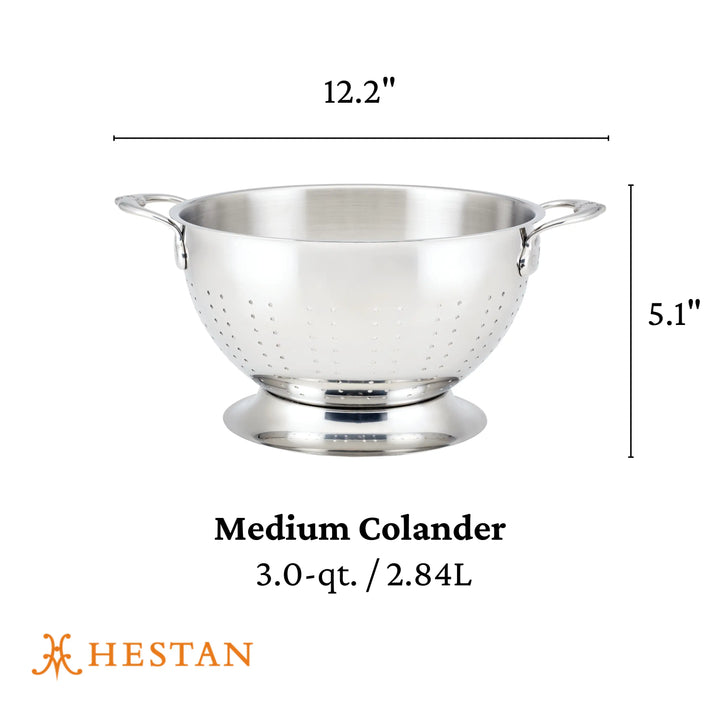 The Hestan Provisions Stainless Steel Colander features superior drainage, two handles, and a 3.0-quart (2.84L) capacity. Measuring 12.2 wide by 5.1 tall, it’s dishwasher safe for easy cleanup with the Hestan logo in the bottom left corner.