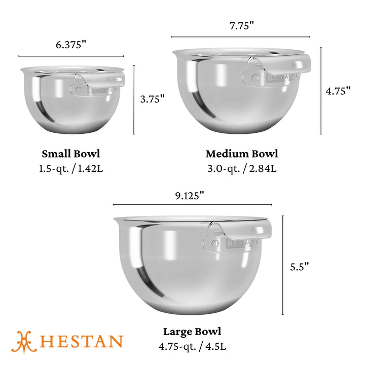 The Hestan Provisions Stainless Steel Mixing Bowl Set, 3-Piece, includes 1.5-qt., 3-qt., and 4.75-qt. bowls that are heat safe up to 500°F and dishwasher safe, with the Hestan logo displayed on each bowl.