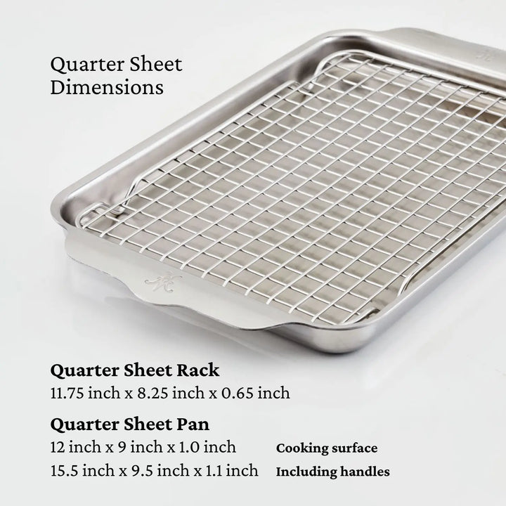 The Hestan OvenBond Tri-Ply Quarter Sheet Pans & Rack, 9"x12", is shown. The rack measures 11.75"x8.25"x0.65" and the pan measures 12"x9"x1" or 15.5"x9.5"x1.1" with handles.