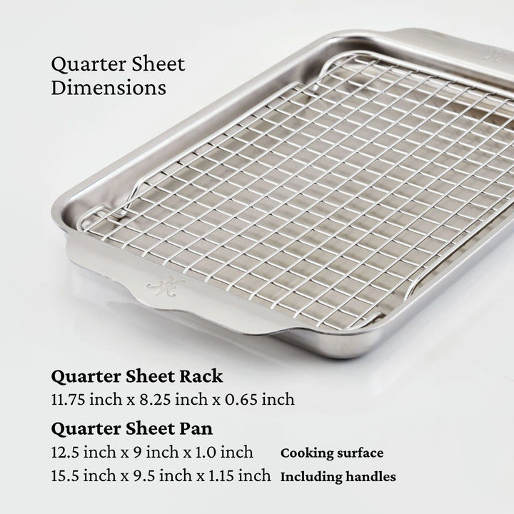 The OvenBond® Tri-Ply Quarter Sheet Pans & Rack set features a stainless steel quarter sheet pan (12.5 x 9 x 1-inch cooking surface; 15.5 x 9.5 x 1.15 inches with handles) paired with a matching roasting rack (11.75 x 8.25 x 0.65 inches), making it perfect for all your baking and roasting needs.