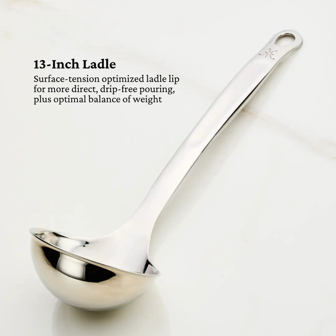 A stainless steel ladle from Hestan Provisions, part of the Essential Chefs Tool Set, 5-piece, is shown with a long handle. Its noted as a 13-inch tool optimized for drip-free pouring and perfect balance.