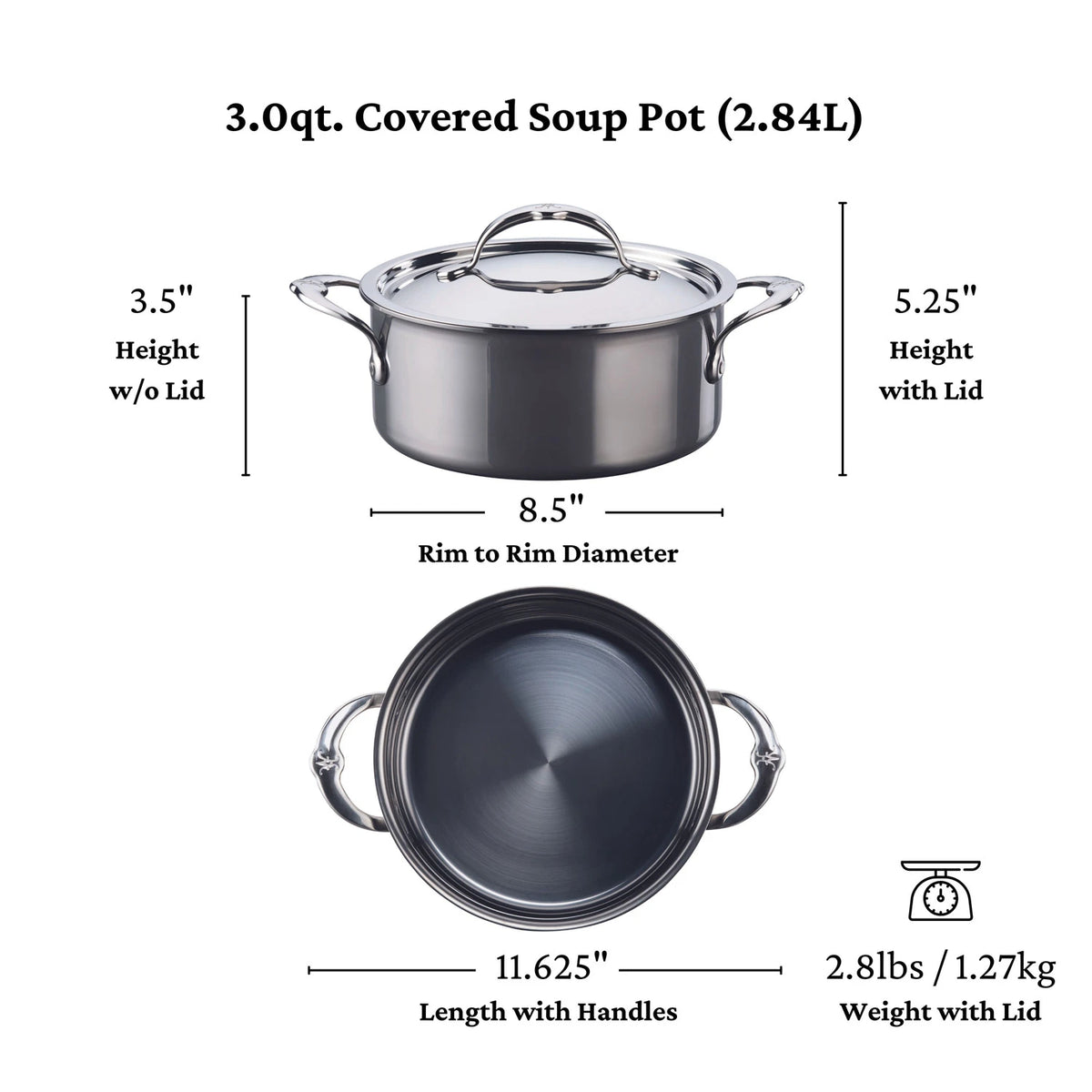 Diagram of a 3.0Qt (2.84L) Titanium Soup Pot by NanoBond. Top view shows the lid, bottom reveals inner surface. Diameter: 8.5 without handles, 11.625 with them; height: 3.5 without lid, 5.25 with it; weight: 2.81 lbs.