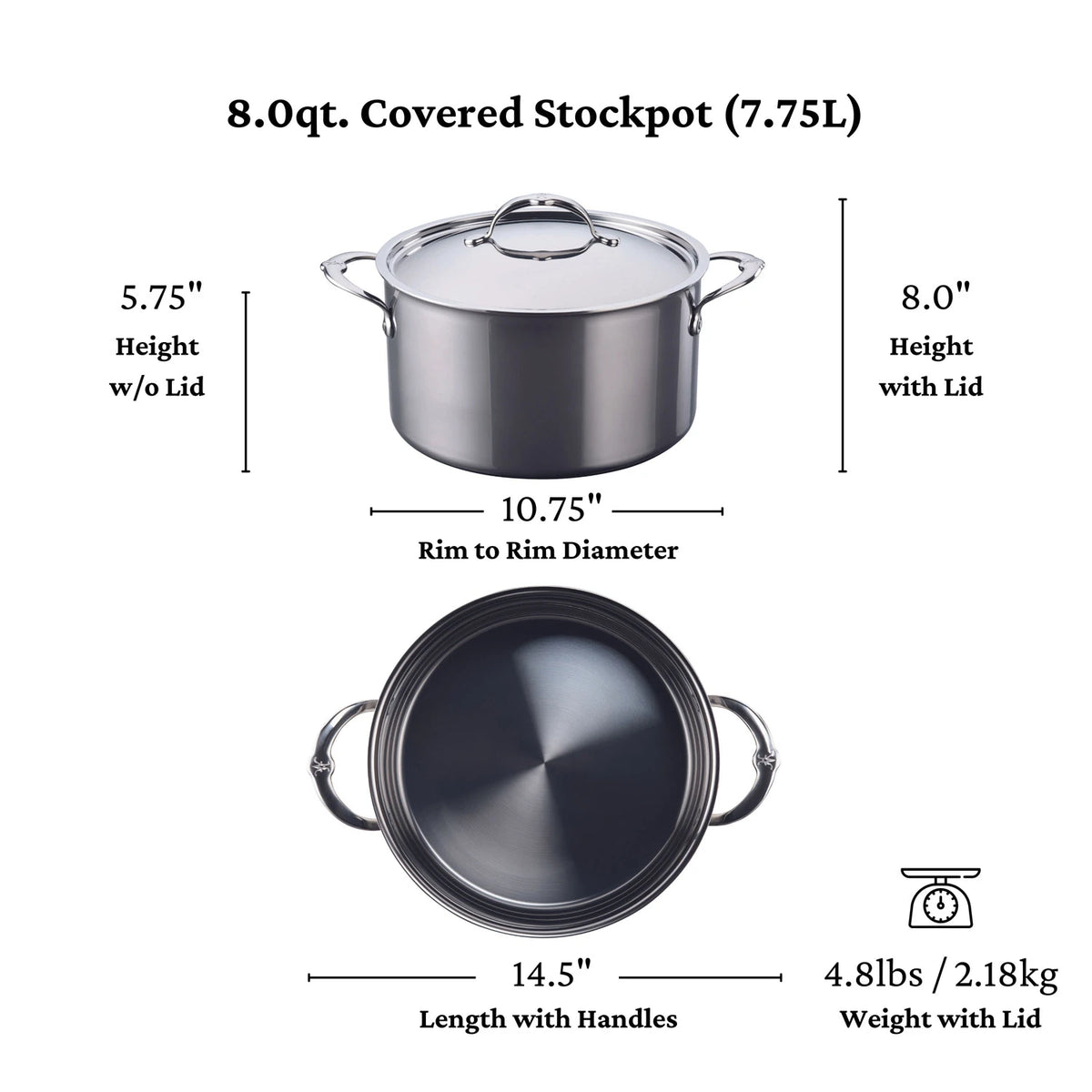 The NanoBond Titanium Stockpots, shown from side and top, hold 8 quarts and weigh 4.81 lbs. Dimensions: 5.75" high (8" with lid), 10.75" rim diameter, and 14.5" long with handles—premium titanium stainless steel cookware quality.