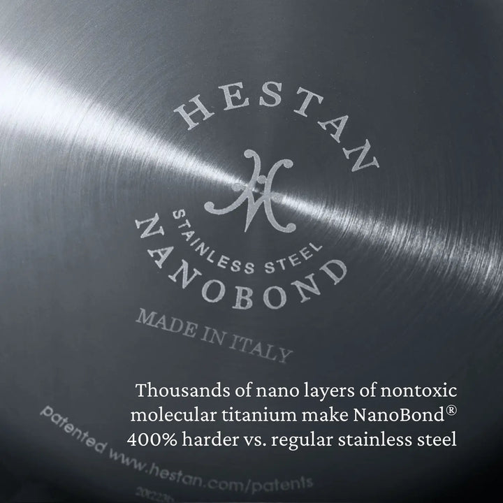 Close-up image of the bottom of a NanoBond Titanium Sauté Pan: crafted with non-toxic molecular titanium, its 400% harder than standard stainless steel. Made in Italy proudly stands out.