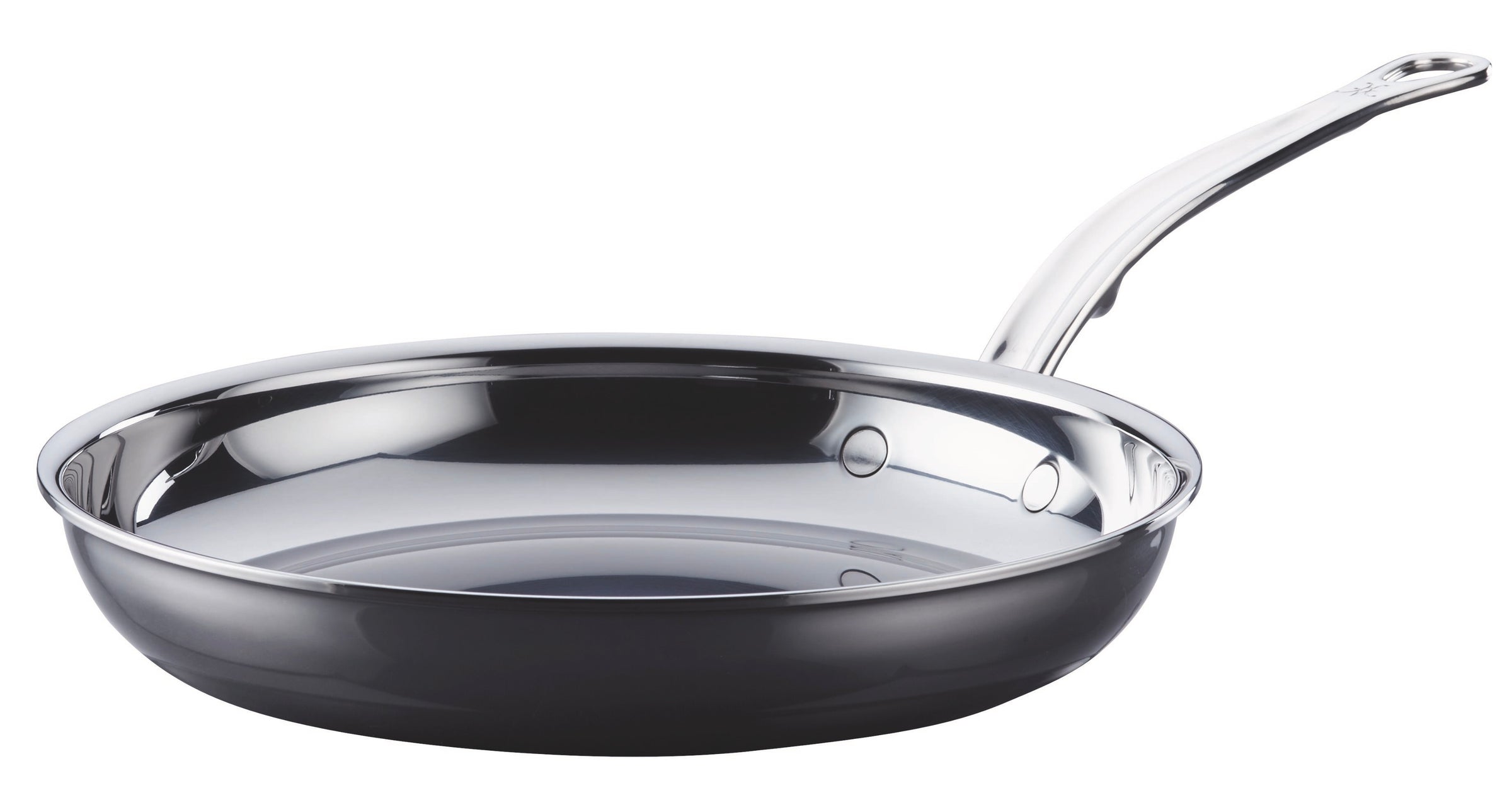Stainless steel frying pan with a long, curved handle. The pan has a shiny, reflective surface and is positioned on a plain white background.