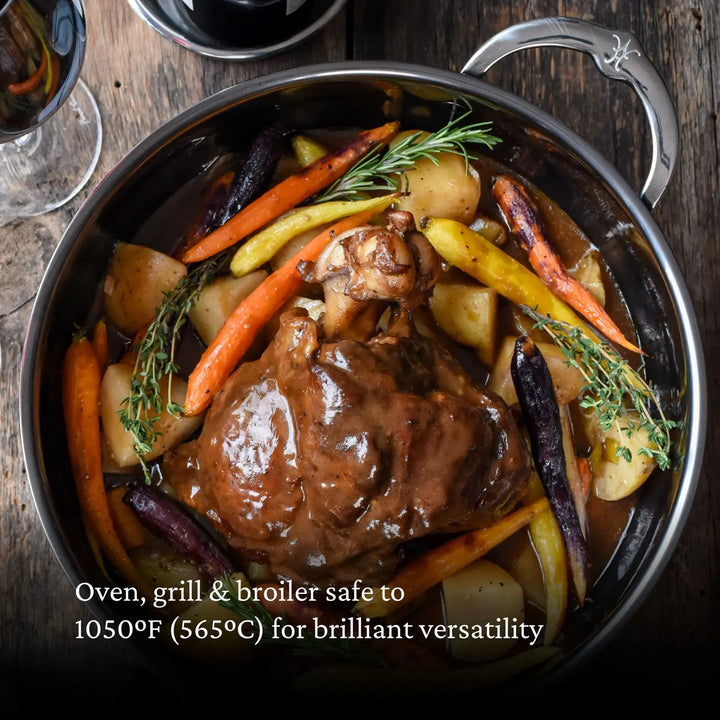 A pot showcasing a cooked dish with meat, carrots, and potatoes, garnished with herbs. Text overlay reads: Oven, grill & broiler safe to 1050°F (565°C) for brilliant versatility. Crafted from NanoBonds Titanium Essential Pans for exceptional durability.