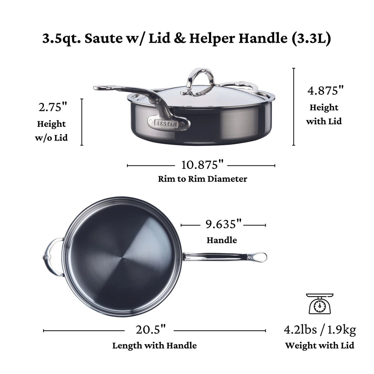 Image of a NanoBond Titanium Sauté Pan showcasing molecular titanium technology. This 3.5-quart pan comes with a lid and helper handle, measures 10.875 inches in diameter, 2.75 inches tall without the lid, 4.875 inches with the lid, is 20.5 inches long in total, and weighs just 4.2 lbs (1.9 kg).
