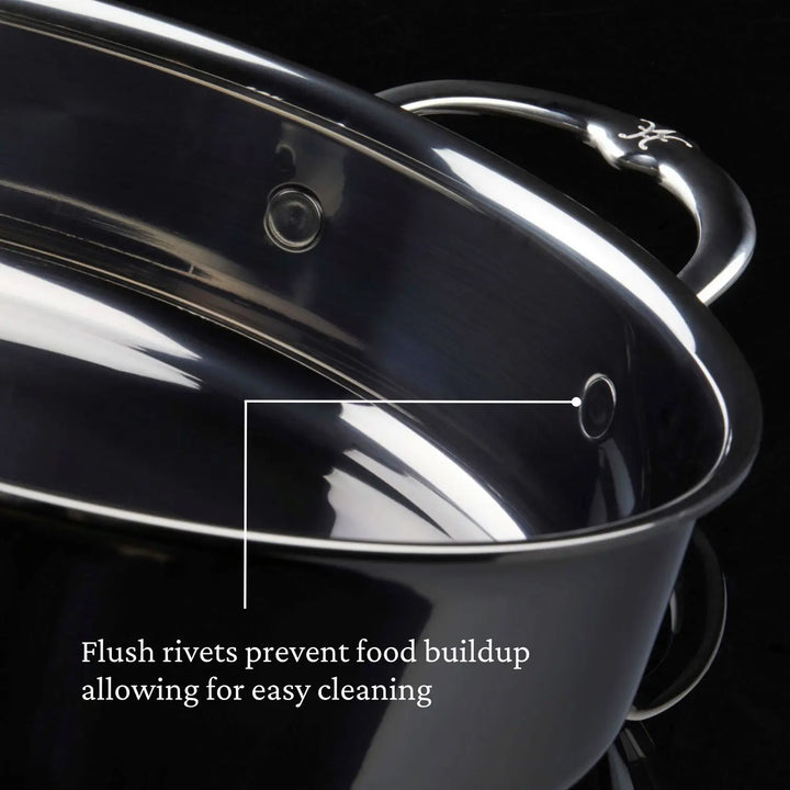 Close-up of the NanoBond 5-Quart Titanium Dutch Oven showcases its shiny Molecular Titanium interior and flush rivets that prevent food buildup, ensuring easy cleaning.