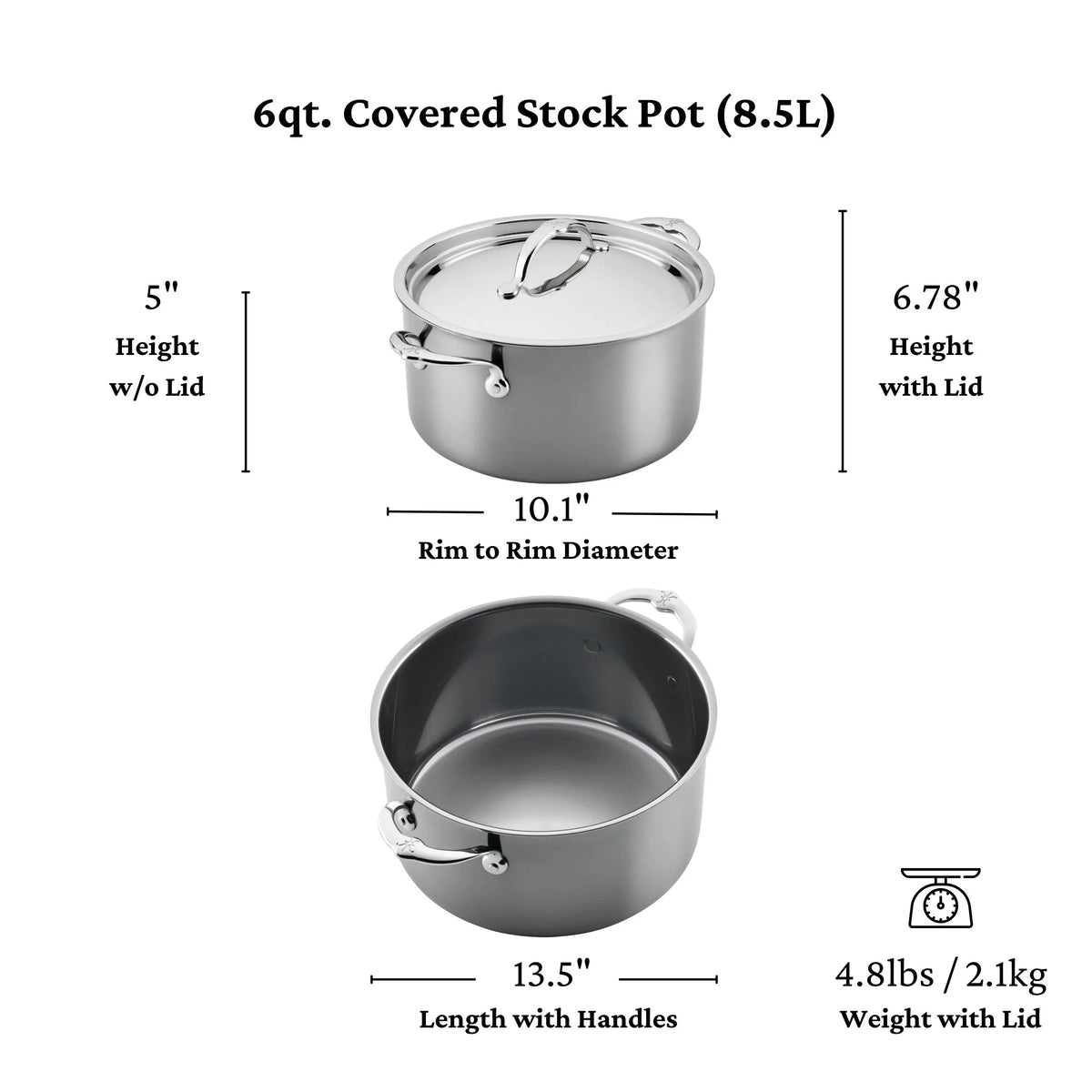Diagram of a NanoBond Titanium Stockpot: 5" height without lid, 6.78" with lid, 10.1" diameter, 13.5" length with handles, and 4.8 lb with lid—crafted for lasting durability from molecular titanium cookware.
