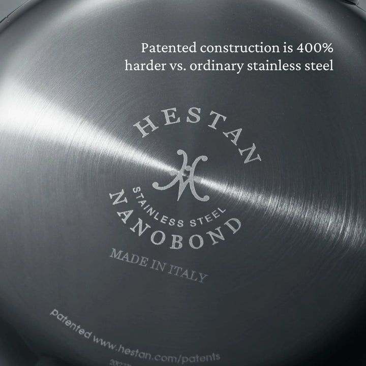 Close-up of the bottom of a NanoBond Titanium Rondeau with Lid, showing engraved branding. A label above notes its patented construction is 400% harder than ordinary stainless steel.