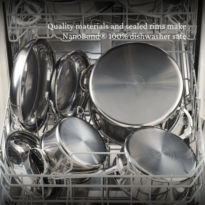 Open dishwasher filled with clean stainless steel pots and pans, including a sleek NanoBond Titanium Rondeau with Lid; text above reads, "Quality materials and sealed rims make NanoBond 100% dishwasher safe.