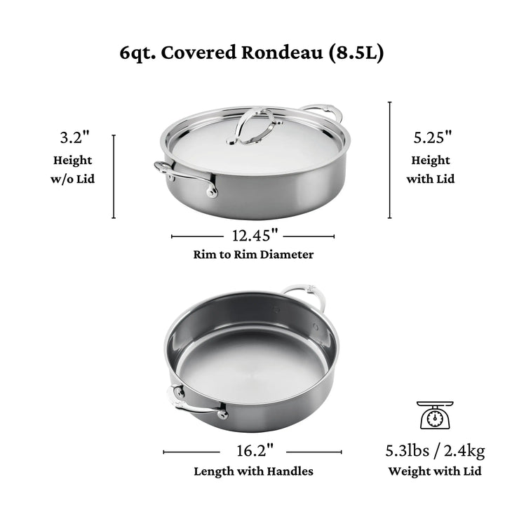 Image of a NanoBond Titanium Rondeau with Lid. Measurements: 3.2" height without lid, 5.25" with lid, 12.45" rim diameter, 16.2" length with handles, weight 5.3 lbs—part of the innovative Titanium Rondeaus line by NanoBond.