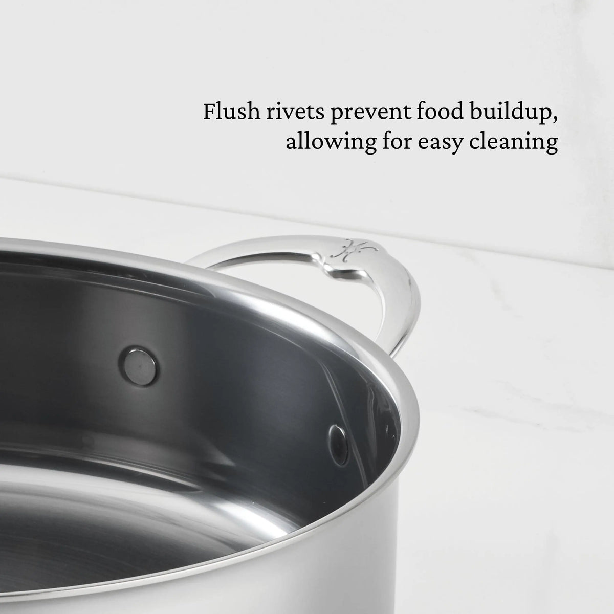 A NanoBond Titanium Rondeaus with Lid is displayed on a white surface. Text above notes, Flush rivets prevent food buildup for easy cleaning.