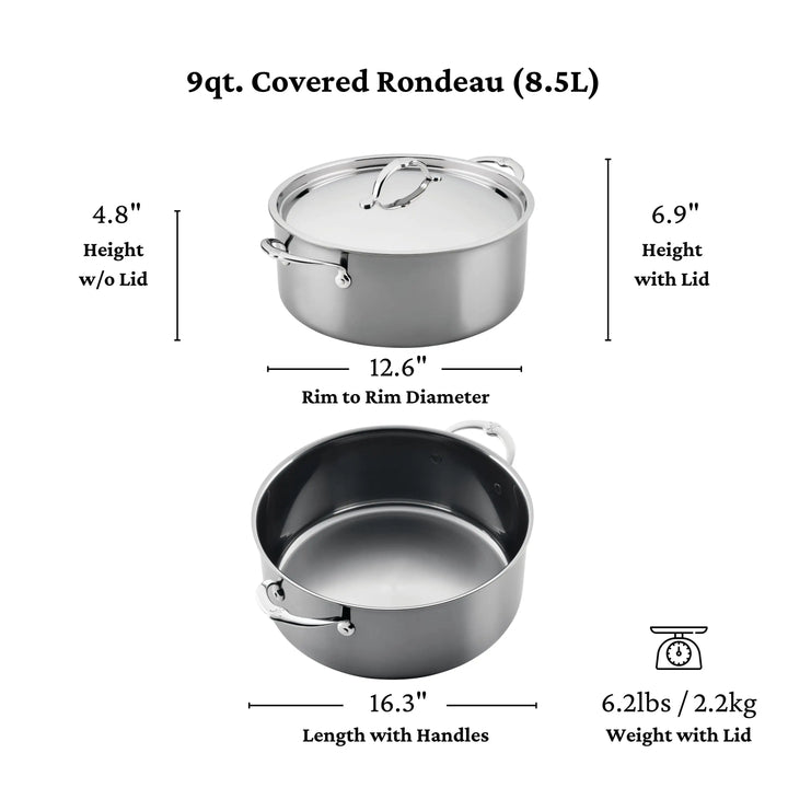 The NanoBond Titanium Rondeaus with Lids is a 9-quart pot, compatible with NanoBond and molecular titanium cookware. Size: 4.8" H (no lid), 6.9" H (with lid), 12.6" rim diameter, 16.3" with handles; weighs 6.2 lbs; shown with/without lid.