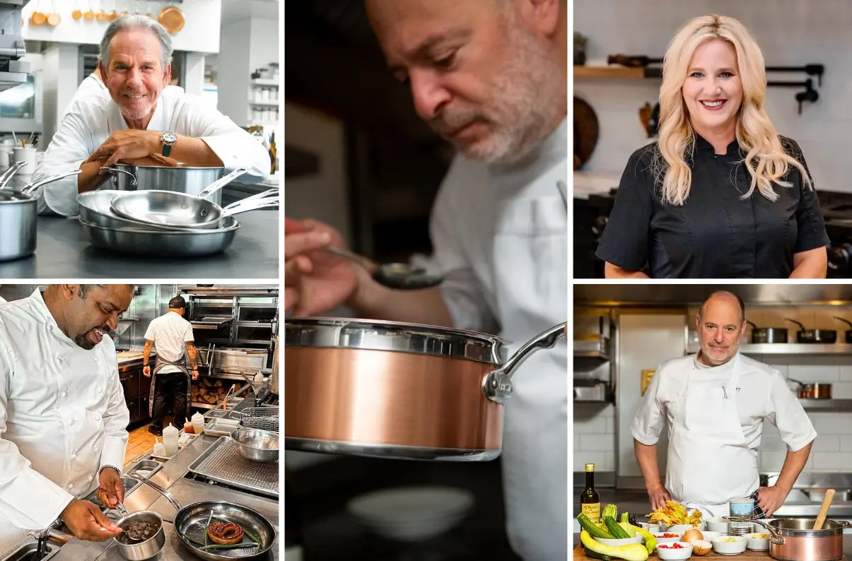 Collage of five chefs in a kitchen. Top left: Chef leaning on pots. Top middle: Chef tasting from a pot. Top right: Smiling chef in black top. Bottom left: Chef plating a dish. Bottom right: Chef with ingredients on a counter.