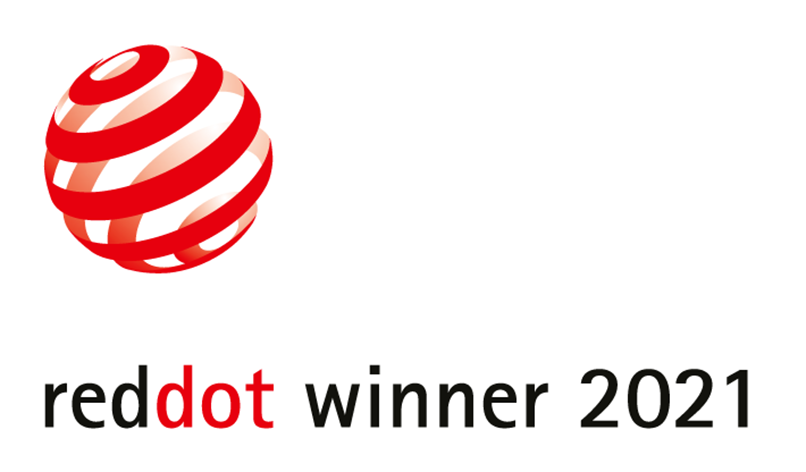 Logo of the Red Dot Award featuring a red and white spherical design on the left. The text on the right reads reddot winner 2021 in black and red letters.