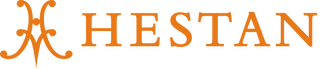 The image shows the Hestan logo. It features a stylized letter H with intricate curves, followed by the word HESTAN in bold orange letters.