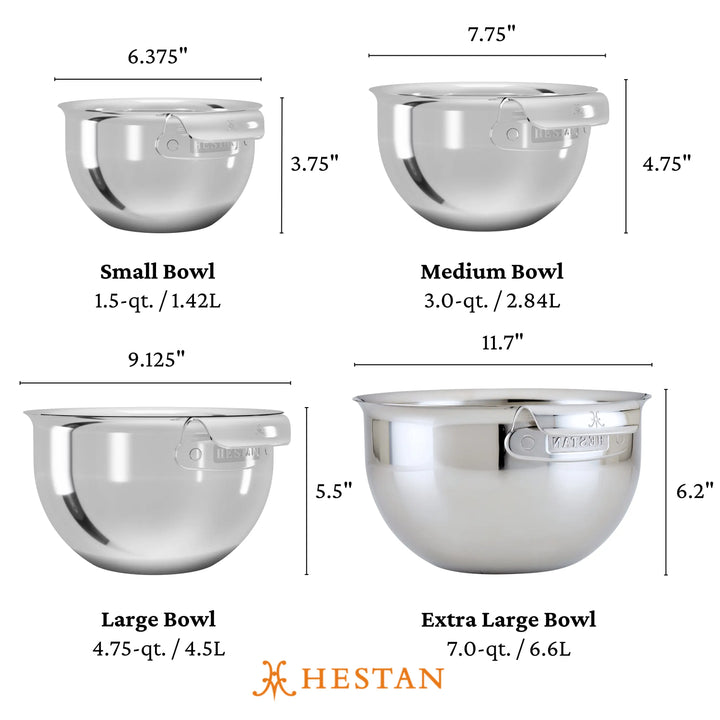 The Hestan Provisions Stainless Steel Mixing Bowl, 7-Quart, features heavy-gauge construction and is dishwasher safe. Shown in sizes from small to extra large, each bowl’s height, diameter, and capacity are displayed for easy selection.