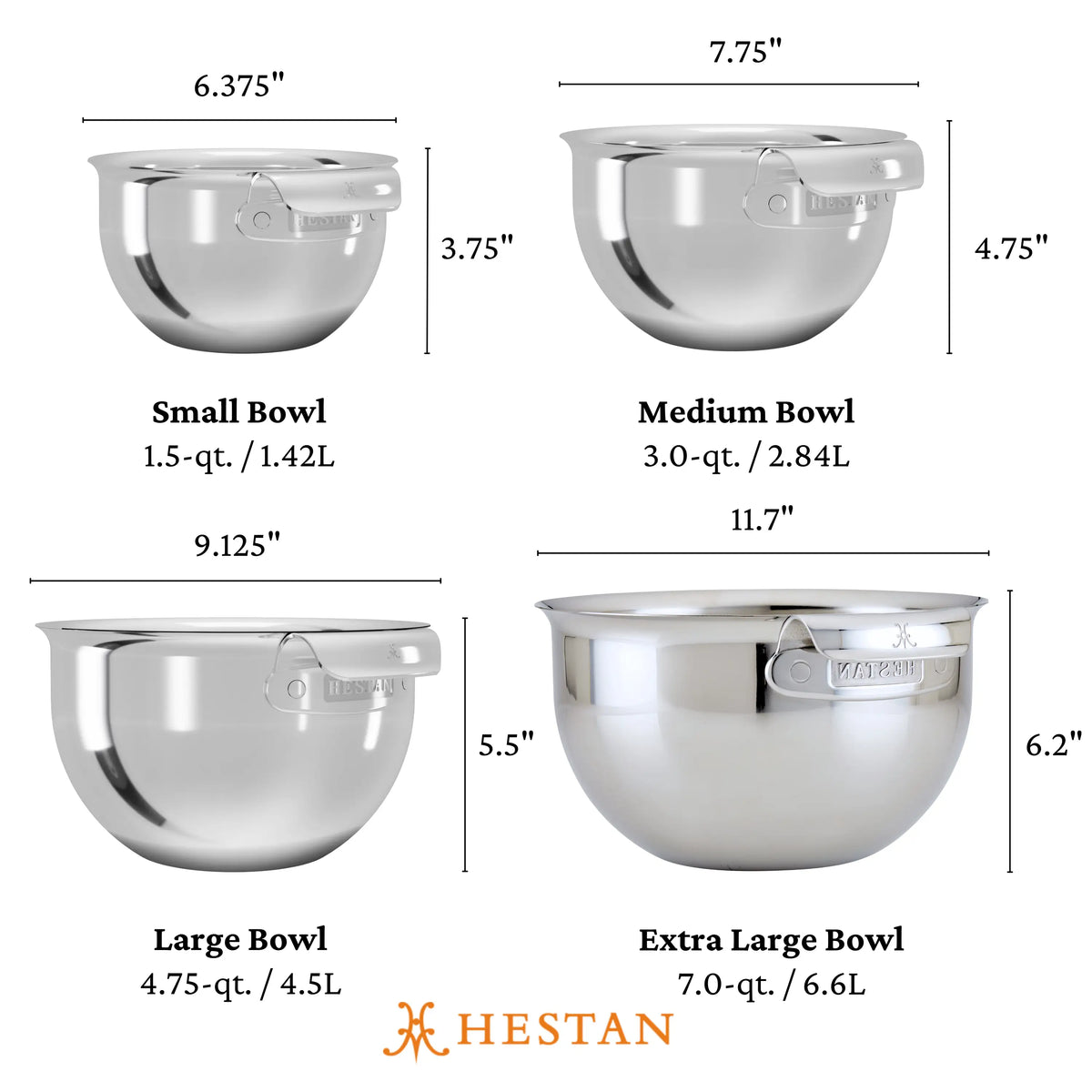 The Hestan Provisions Stainless Steel Mixing Bowl, 7-Quart, features heavy-gauge construction and is dishwasher safe. Shown in sizes from small to extra large, each bowl’s height, diameter, and capacity are displayed for easy selection.