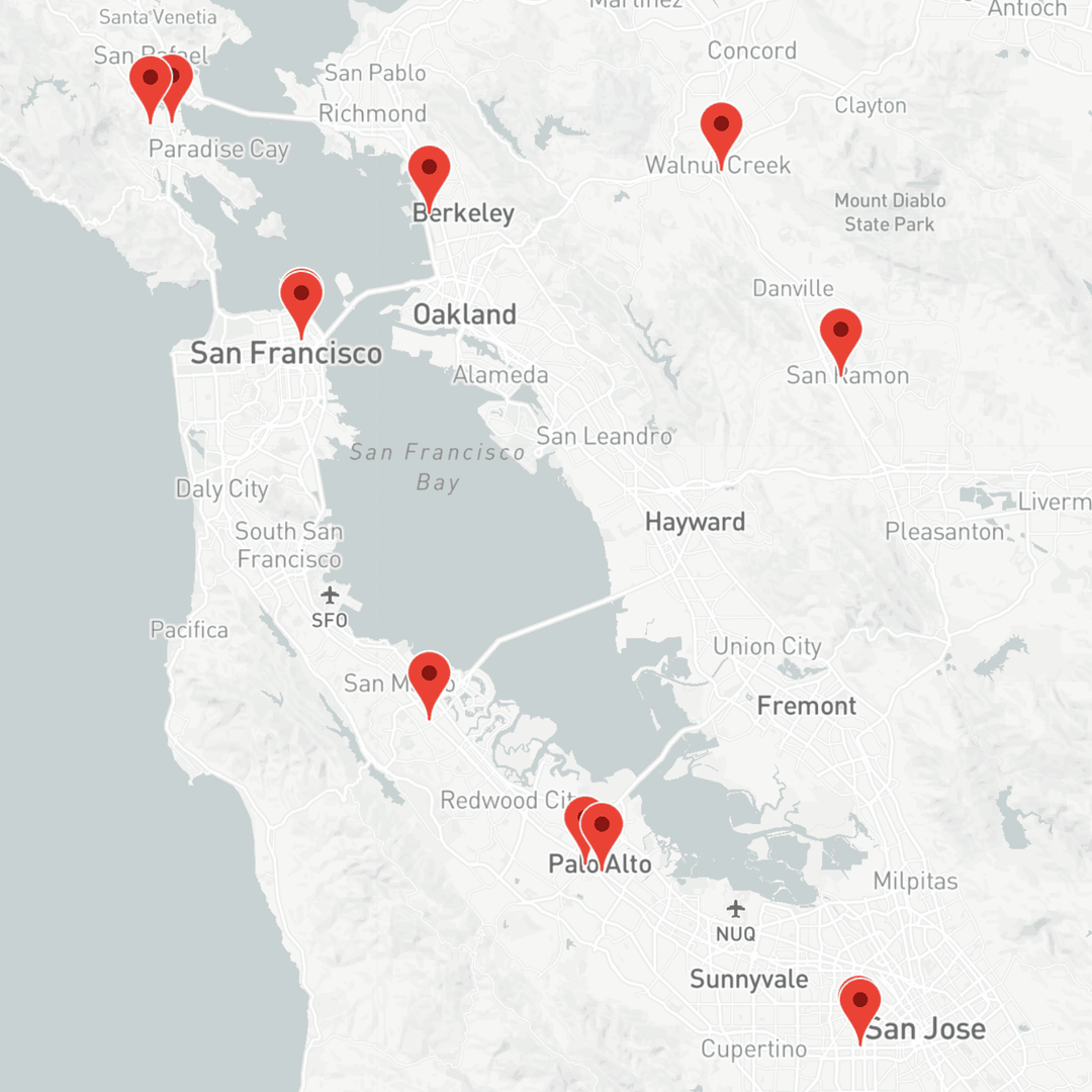 A map of the San Francisco Bay Area displays ten red location markers. Key cities shown include San Francisco, Berkeley, Oakland, Palo Alto, and San Jose. Major roads and geographic features are visible, such as the bay and surrounding areas.