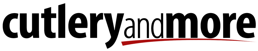Bold black text reading cutlery and more with the word and in a smaller font. A red curved line is beneath the words, extending from the letter c to the last e.
