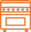 An orange icon of an oven with four knobs on top and a bottom compartment, resembling a typical kitchen stove appliance.