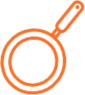 An orange frying pan icon with a circular base and a handle extending to the right. The outline is bold and solid, with no additional details or background elements.